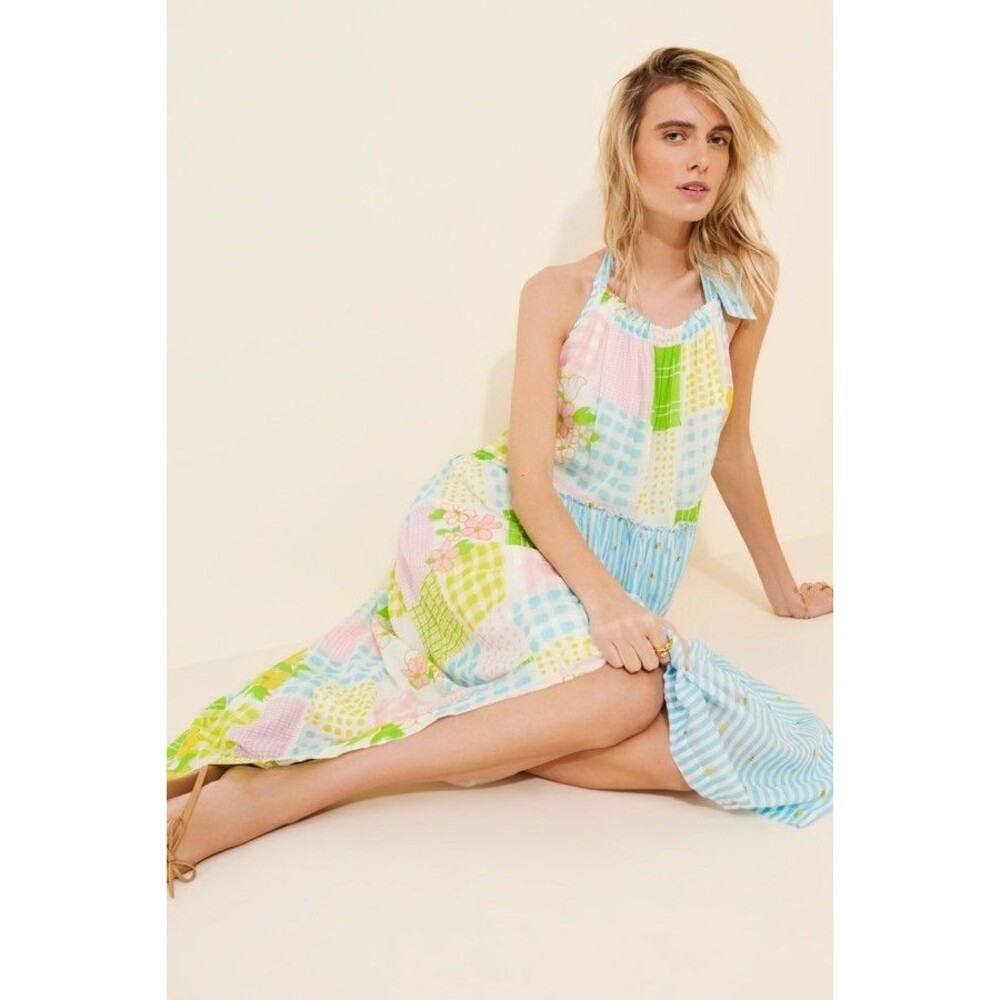 Free People Patched And Pretty Midi Dress Print Embroidered Halter Neck S 284001